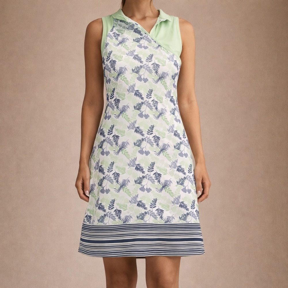 One-Shoulder Sleeveless Dress in Mint & Navy Leaf Print - Picture 1 of 5